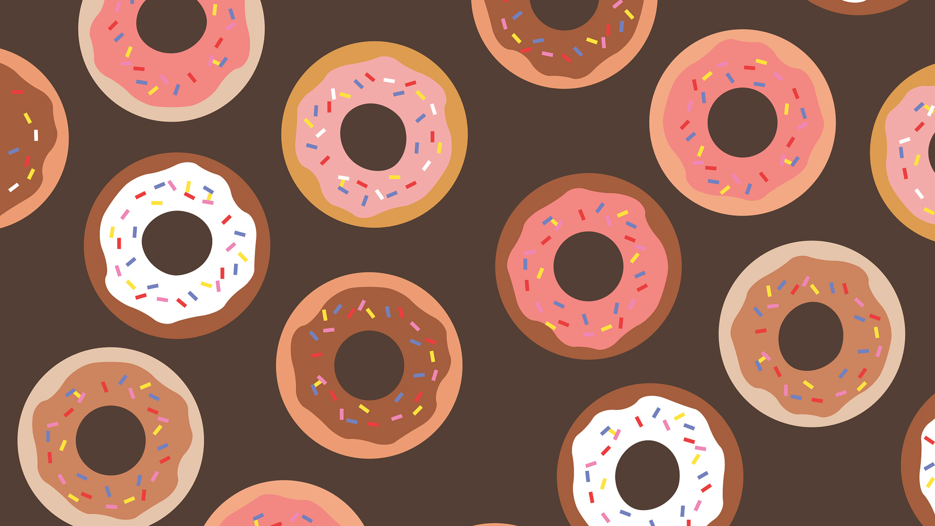 Dark brown background with illustrated donut pattern with pink, white, and brown frosting on top with sprinkles.