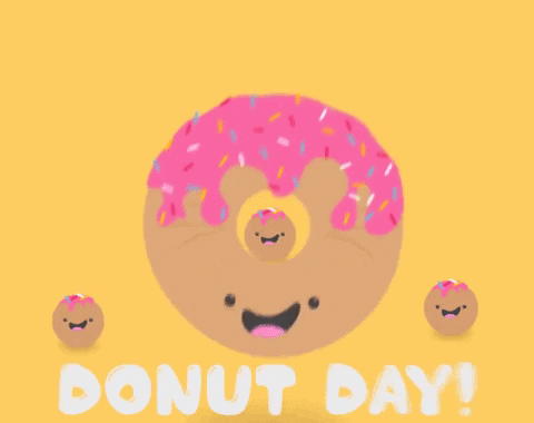 Animated graphic with a yellow background. One big donut with pink frosting and sprinkles bouncing in the middle of the graphic 3 donut holes spread out. Donut Day is written on the bottom of the graphic in a white thick font.
