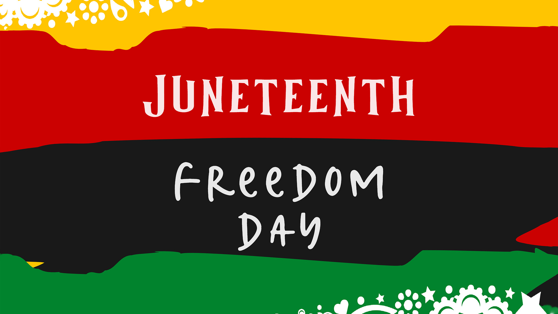 Yellow, red, black and green organic lines swipe across the graphic with Juneteenth Freedom Day written in white text in the center of the graphic