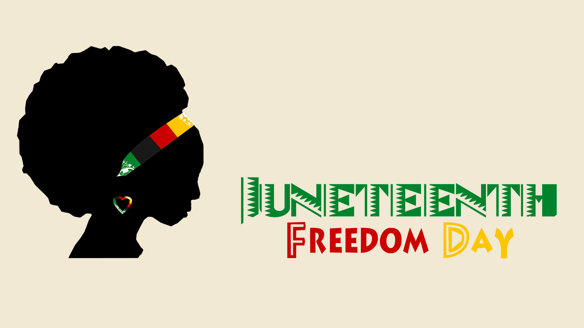 Tan background with a silhouette of woman wearing a yellow, black, red, and green bandana and same colored earrings. Woman is looking at the text that is toward the bottom right side of the graphic. Juneteenth Freedom Day written is in decorative aztec font in the center of the graphic.