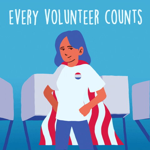 Blue animated illustrated graphic of a person standing with their hands on their hips wearing a red and white cape that is flowing. Across the top of the graphic it reads every volunteer counts.