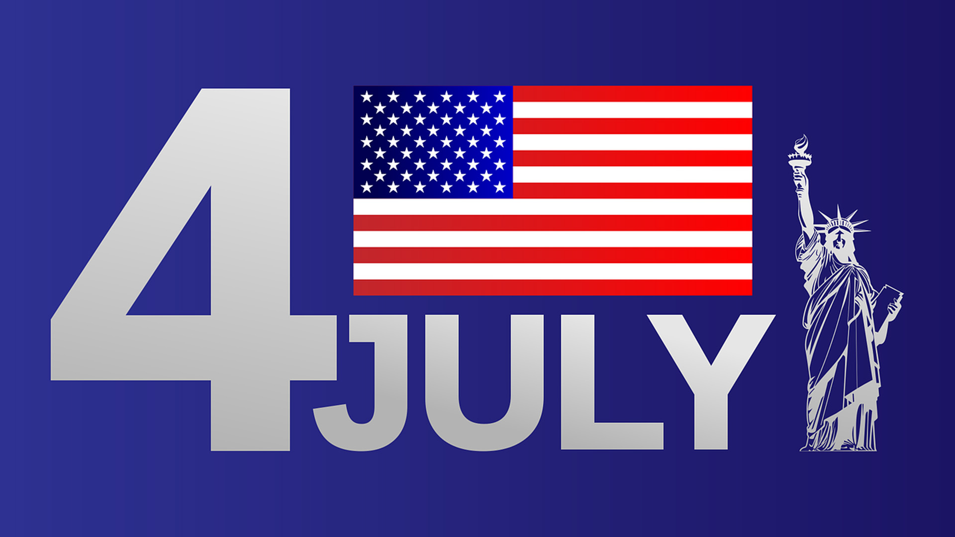 Navy blue gradient background. 4th [USA FLAG] July is written in a bold gray gradient font stacked on top one another. There is a outlined illustration of the Statue of Liberty on the right of the graphic.