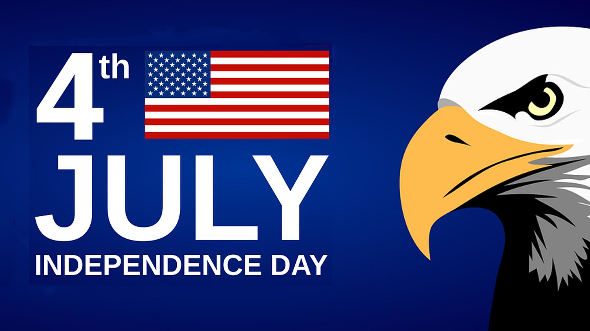 Navy blue gradient background. 4th [USA FLAG] July Independence Day is written in bold white font stacked on top one another. There is a animated eagle on the right of the graphic with a profile view of his face.