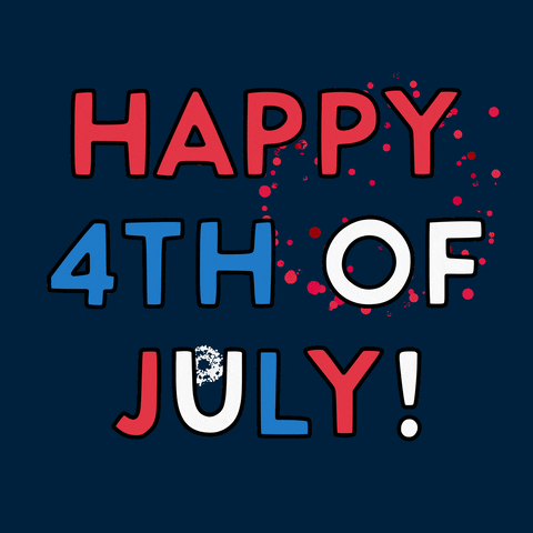 Navy blue background with red, white, and blue, bubble letter text spelling out Happy 4th of July. Animated graphic of fireworks and bouncing text.
