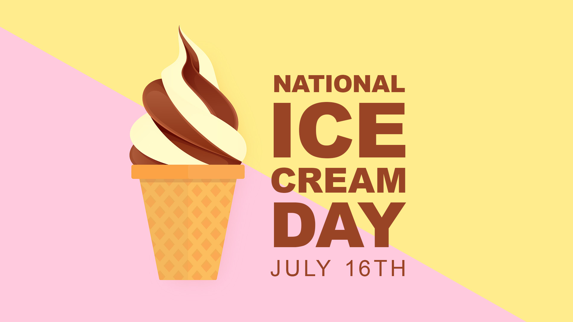 Illustrated image of twist ice cream in a wafer cone. National Ice Cream Day July 16th is stacked on top one another and is the the right of the cone. The background is made up of a angled pink and yellow dividing line.