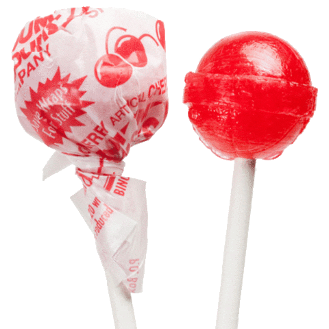 Transparent animated graphic of Dum Dum lollipops flipping through. On the left side of the graphic the lollipop is in a wrapper and on the right side of the graphic the lollipop is wrapperless.