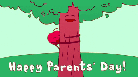 Animated illustration of a apple swinging around the middle of a tree trunk. Both the tree and the apple have smiley faces. On the bottom there is white text that reads Happy Parents' Day in bubble letters.