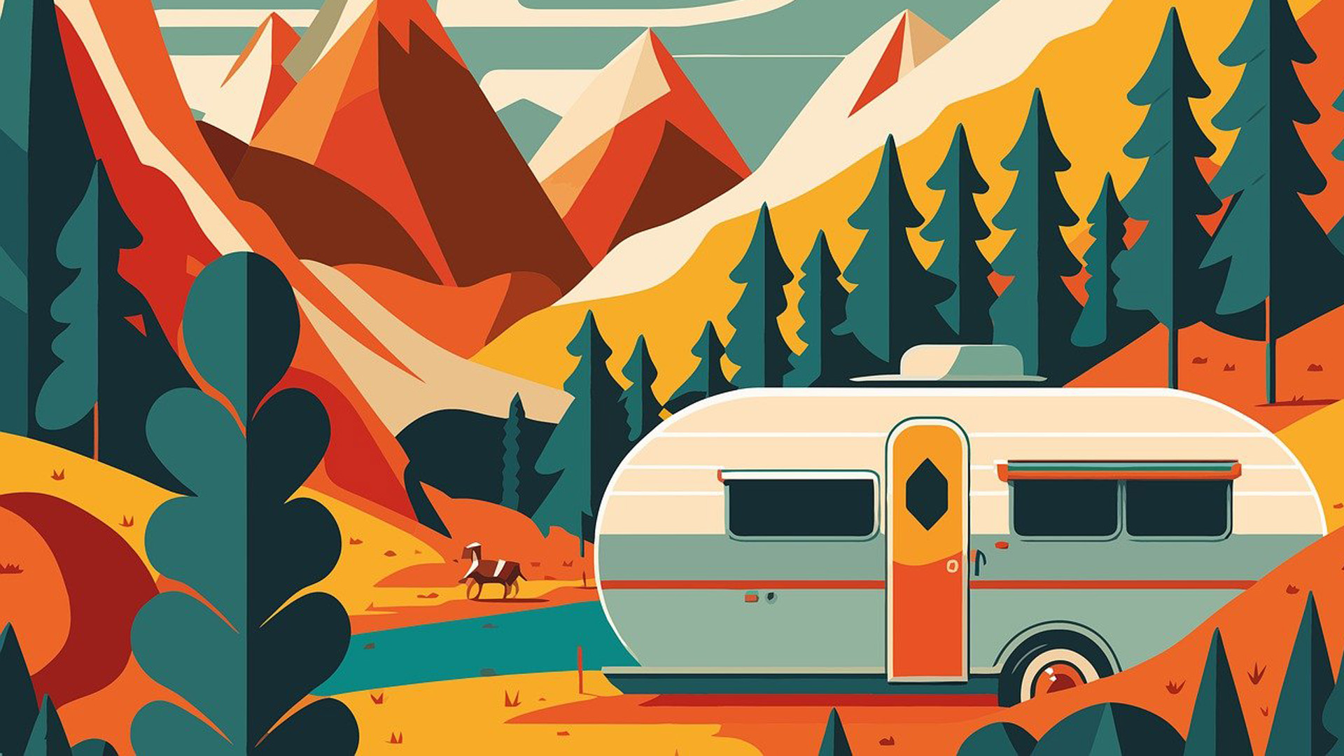 A illustrated image of a camper parked in a field of mountains and trees. Colors that make up the image are teal, yellow, red, cream, a lighter teal, orange and a deeper rust orange.