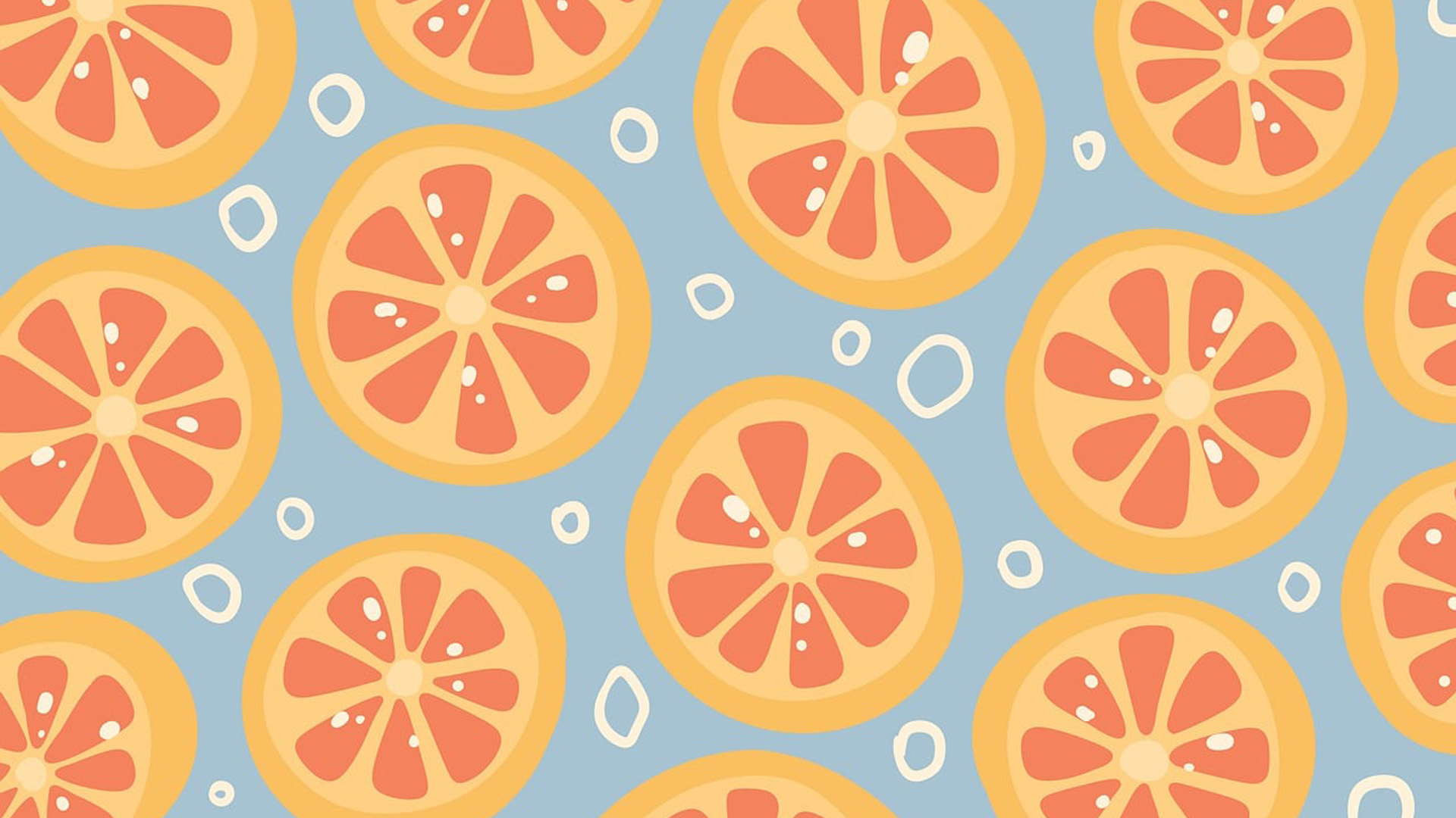 Light blue background with illustrated grapefruit sliced in half making up a pattern across the image.