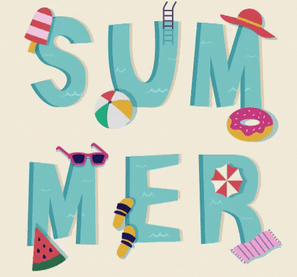 Animated illustrated graphic of a tan background. Summer is spelt out and made out of letters making up a light blue pool. There are different animated props surrounding the letters. Including a beach ball, glasses, watermelon slice, sandals, a towel, a floaty, and a hat.
