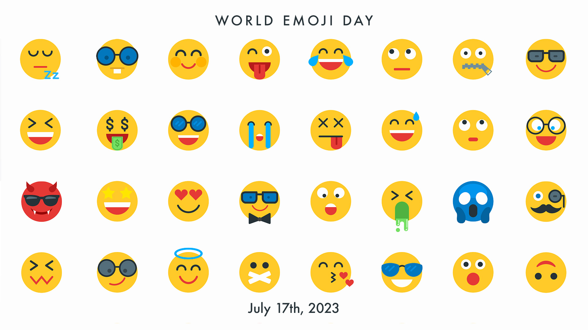 White background with 8 columns across and 4 rows down of different emoji faces. Written across the top of the image is World Emoji Day and written across the bottom says July 17th, 2023