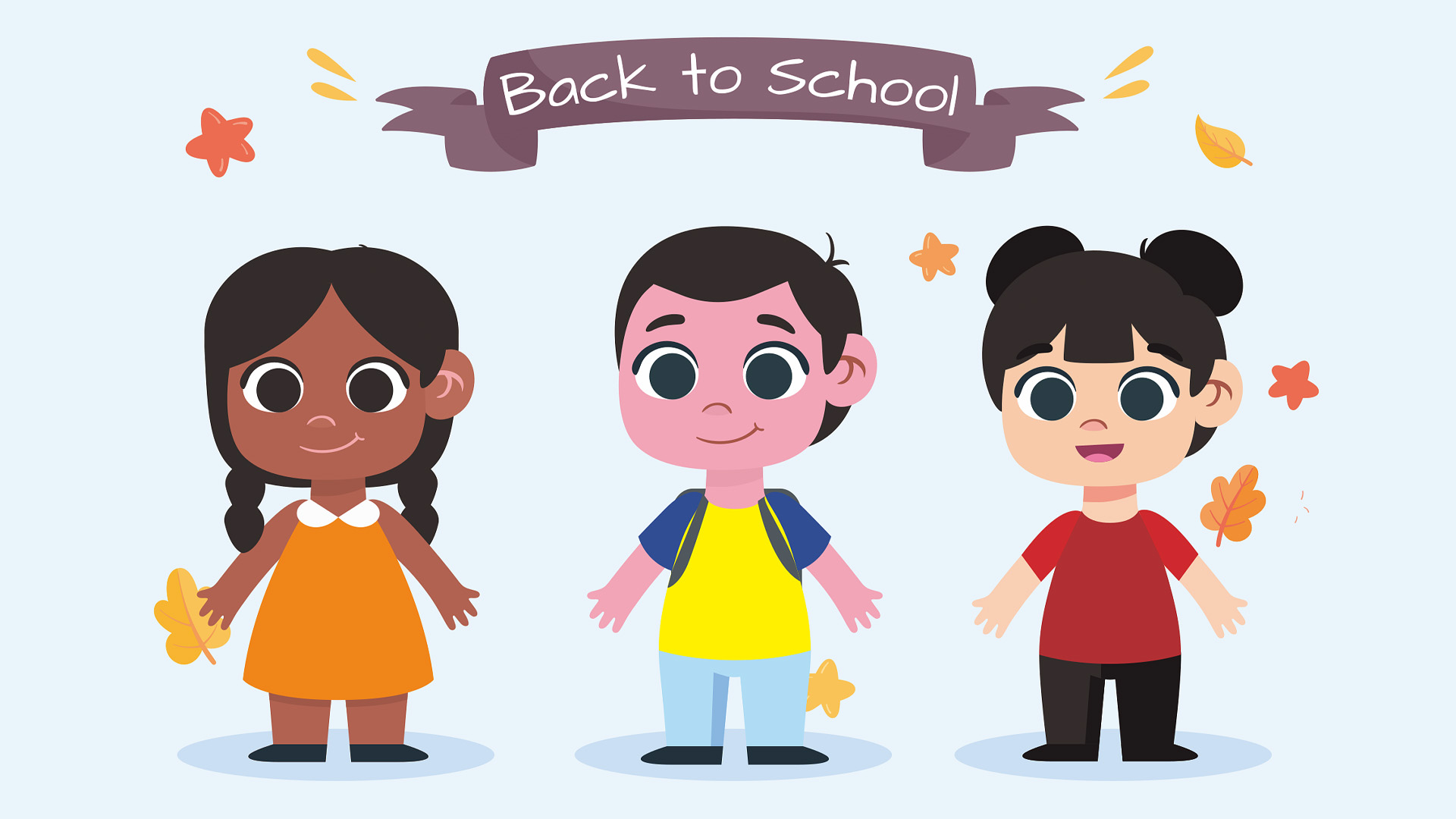 There are 3 animated children standing wearing backpacks. The background is light blue. Across the top of the graphic there is a deep purple banner that reads Back to School