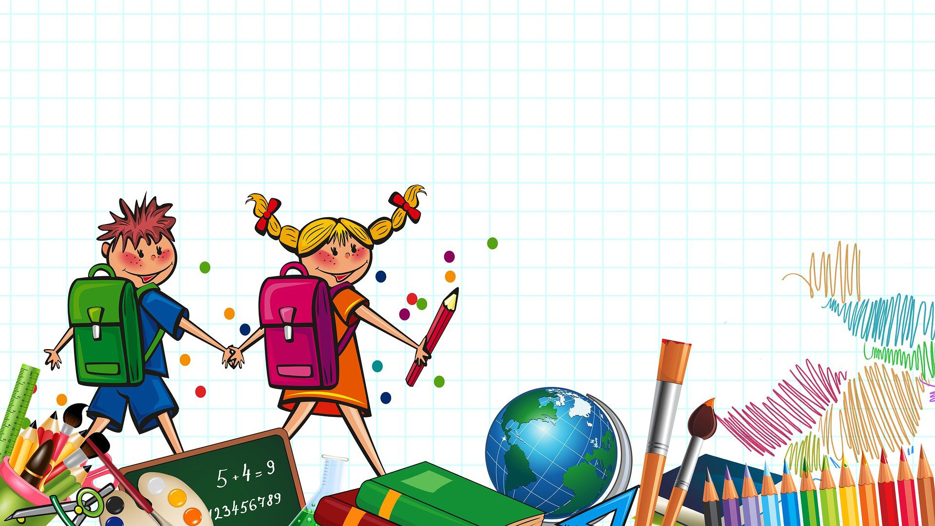 in this graphic there are 2 illustrated children holding hands and looking back at the screen each wearing backpacks. towards the bottom of the graphic theres a ruler, compass, chalkboard, beaker, books, globe,colored pencils, and a paintbrush.