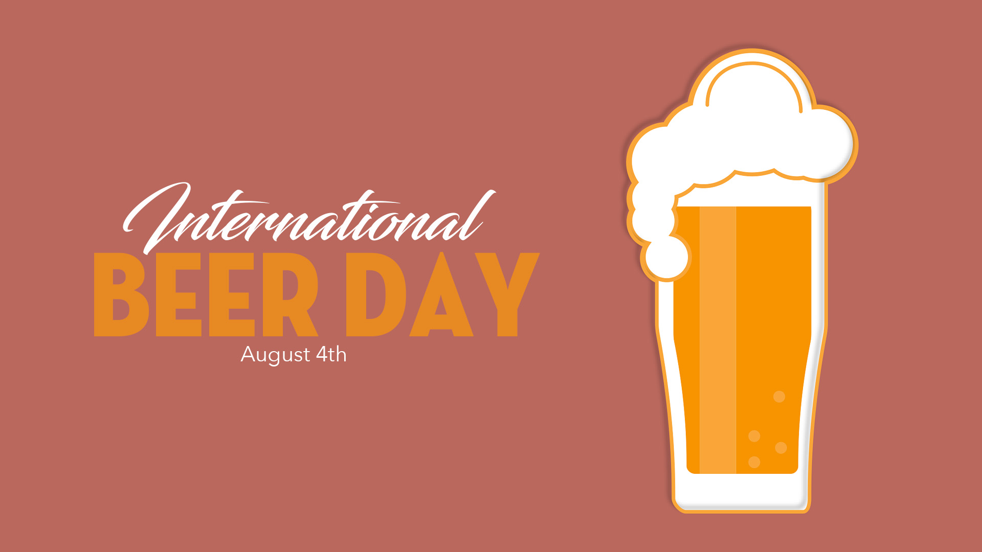 International Beer Day August 4th is on the left side of the graphic. International is in a white cursive font. Beer Day is written in a yellow bold thick font. August 4th is written in a white thin sans serif font. Towards the right of the image there is a illustrated geometric image of a beer in a glass mug with foam overflowing.
