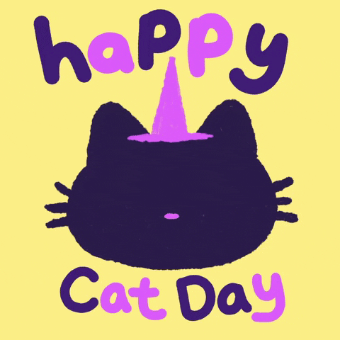 Animated illustrated graphic of a dark purple cat licking its mouth and blinking its eyes. The cat is wearing a small pink pointy hat. Happy Cat Day is written across the top and bottom of the image. The letters flash in and out of pink, blue, and purple letters.