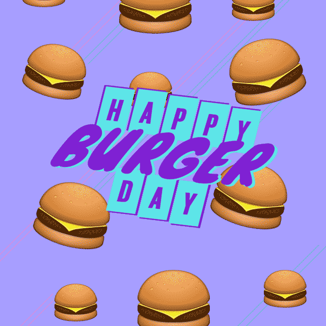 This is a animated gif with different size burgers falling from the top of the image. The background is a light purple. There is stacked text across the middle of the graphic. It is in a purple and blue font that reads Happy Burger Day.