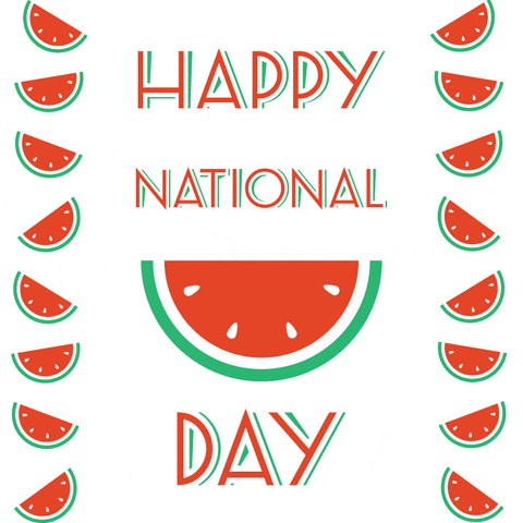 This animated gif reads Happy National [illustrated image of Watermelon] Day. Along the left and right side of the image there's a line of half sliced watermelons rotating back and forth.