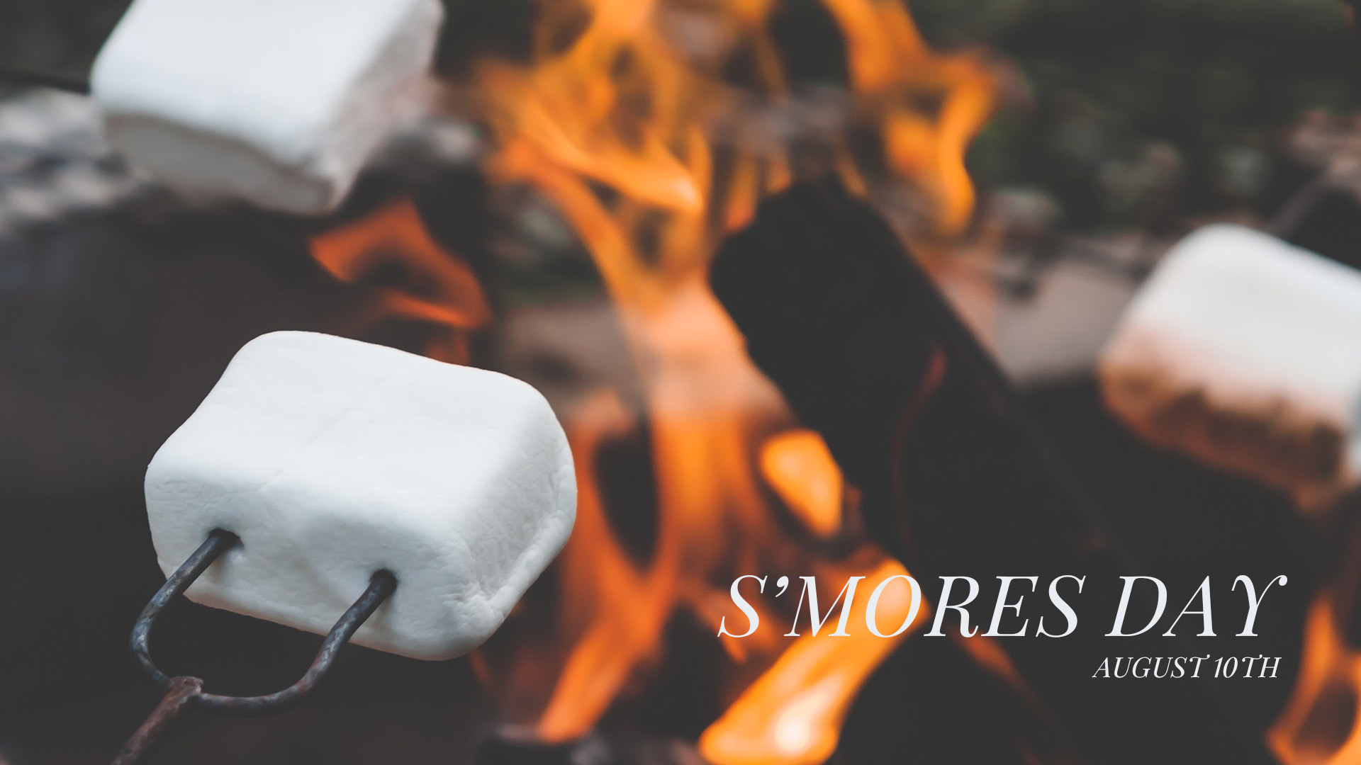 This is a close up image of marshmallows on fire sticks. The wood fire is in the background and is blurred. S'mores day August 10th is written in the bottom right side of the graphic in a serif font.