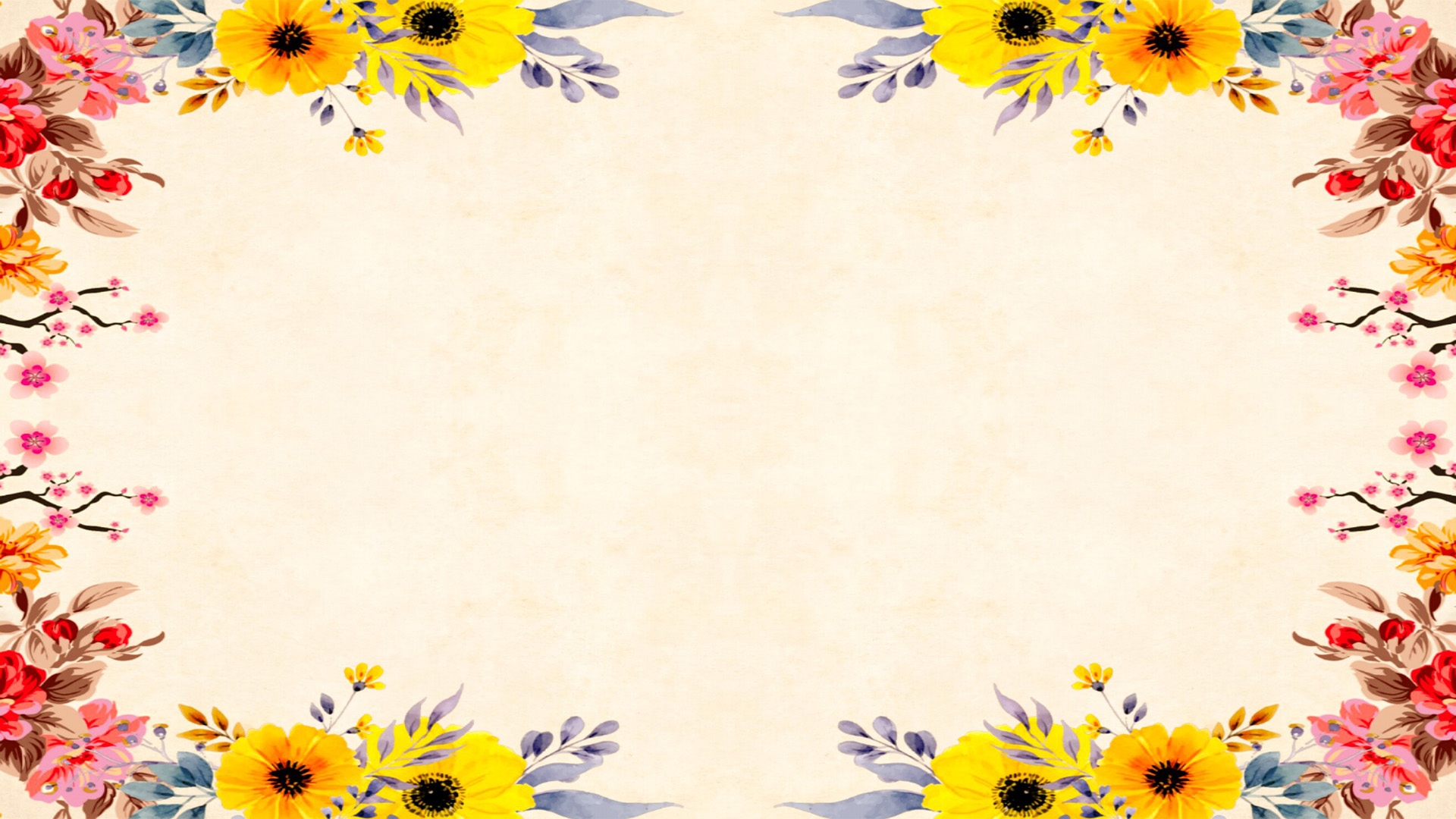 Light tan, beige paper background. Pink, brown, blue, yellow, orange, purple, and red florals of various flower species frame the edges.