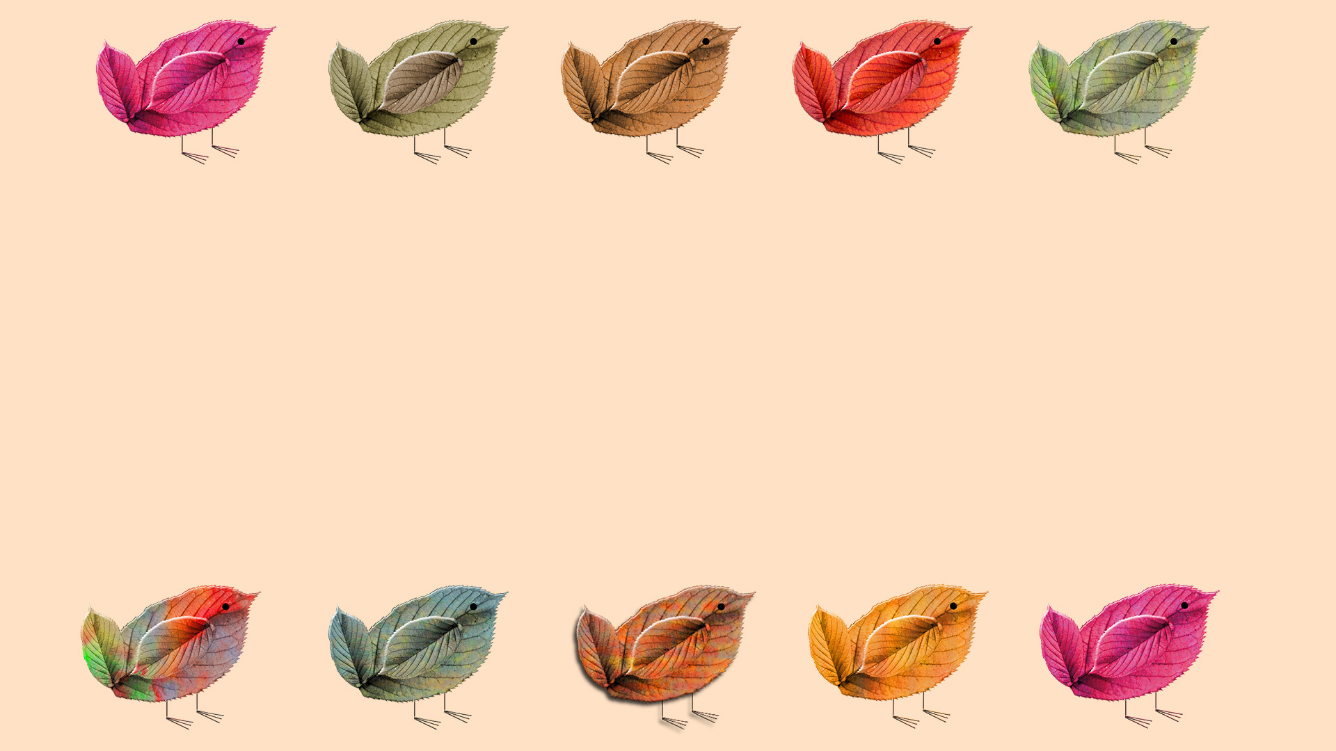 Tan, peach background. Five birds made out of three tree leaves cross the top edge. From left to right the birds are pink, green, brown, red, green. Five more leaf birds along the bottom edge. From left to right the birds are rainbow, blue, brown, orange, and pink.