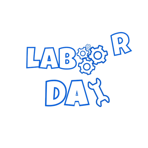 Animated gif has a white background. In the center sans serif font letters that are white and outlined in blue read Labor Day. Instead of an'o' in labor day it was replaced with gears being moved by a wrench. The 'r' in labor swings up and down. A blue hard hat appears and sits on the 'r'. The 'y' in day is replaced with the wrench that is moving the gears above.