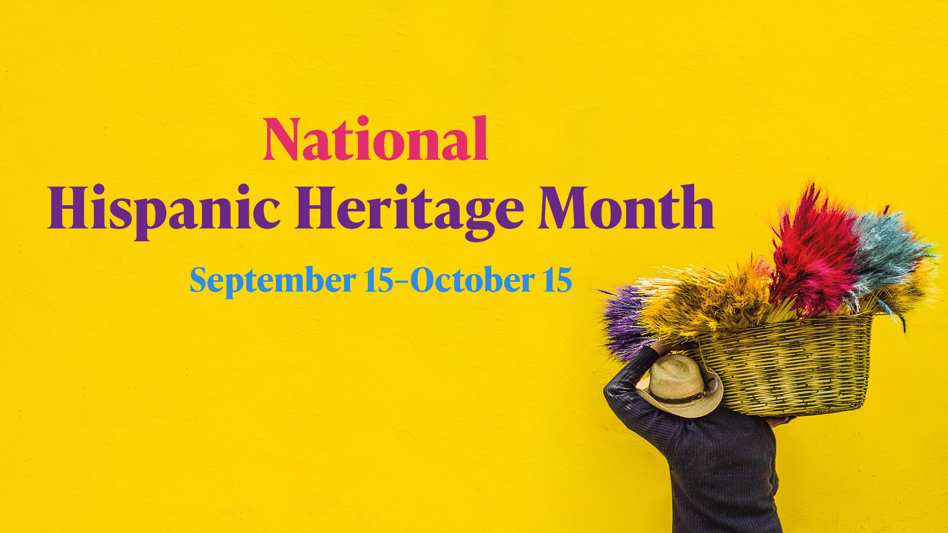 A yellow background. A person in a black long sleeve shirt and yellow straw hat carries a basket full of purple, yellow, red and blue straw, grasses in the bottom right corner. The center of the image reads National Hispanic Heritage Month September 15–October 15 in pink, purple, and blue serif font letters.