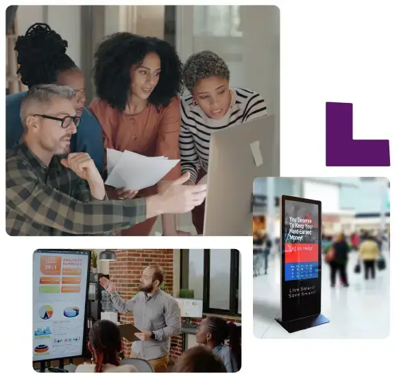 Groups of people working together on their digital signage projects at a computer.