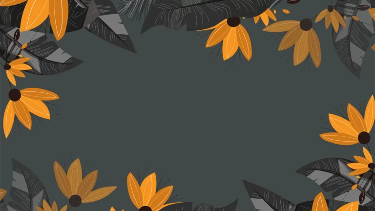 A dark gray background gray and black leaves, and orange flower illustrations covering all the edges of the image.