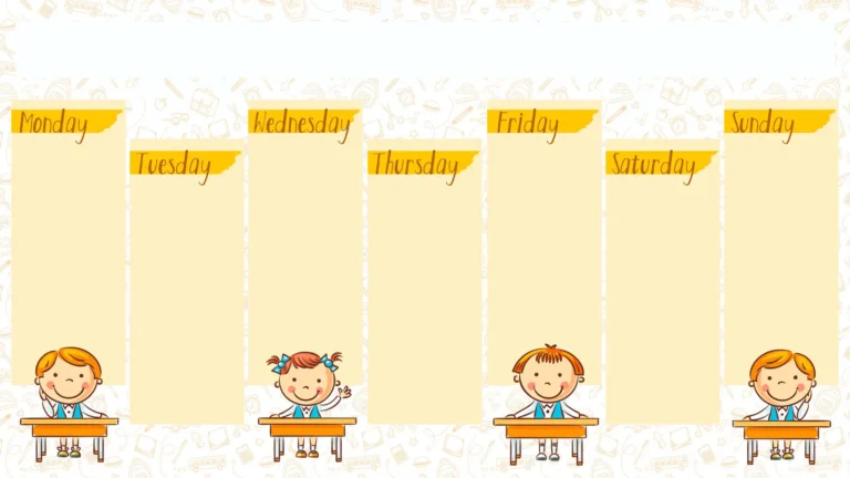 Small orange line art drawings of school supplies cover the entire solid white background. Seven pale yellow, vertical, rectangles horizontally cross the center of the image. At the top of each rectangle reads a day of the week in drown letters. Below the first, third, fith, and seventh rectangles sit clipart drawings of a smiling student sitting at a desk.