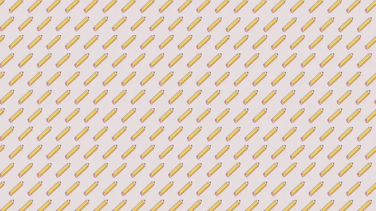 A pale peachy tan background with illustrations of small yellow wooden pencils pointing the the top right corner cover the entire image. The pencil repeats and is stacked in offset rows like bricks.