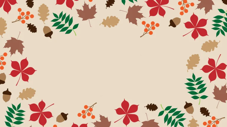 A light tan background with solid colored shapes of fall leaves and acorns scattered across all the edges, yet leaving the center empty. The leaves are either red, brown, or green, and the acorns are brown.