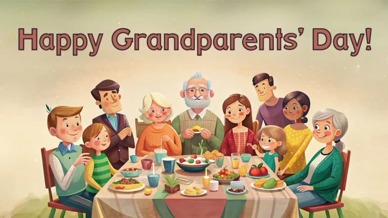 An ai illustration of ten people happily sitting around a table about the eat a meal. The words 'Happy Grandparents' Day!' are above the people, across the top edge of the image. A bold sans font was used. The letters are light brown with a dark brown outline in color.