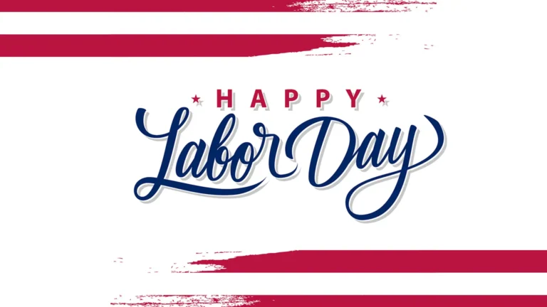 White background with two, distressed, horizontal, red stripes coming from the top left and bottom right corners. In the center reads 'Happy Labor Day'. 'Happy' is on top of the rest of the words in small red , all-caps, bold, sans letters with a light gray drop shadow. In large, blue, script letters reads 'Labor Day', also with a light gray drop shadow.