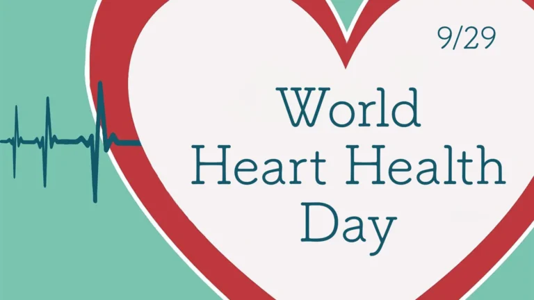 A green background with a large red heart filling the center and right side of the image. Inside the red heart is a white heart. Coming from the left edge to the side of the white heart is a blue heart monitor line. Inside the white heart says 'World Heart Health Day' in large, thin, round serif letter. In the top right corner is the date 9/29 in the same font.