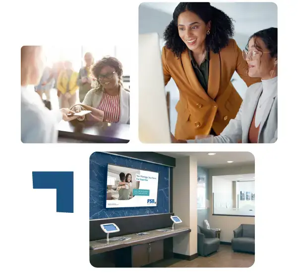 A young lady making a deposit at the bank. Bank marketing team designs a digital signage on the computer. A digital signage display shows bank marketing content on the wall.