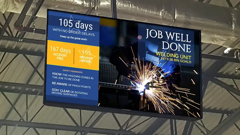 A digital screen hangs in an industrial warehouse. Content on the screen says job well done and highlights the safety goals and corporate messaging.