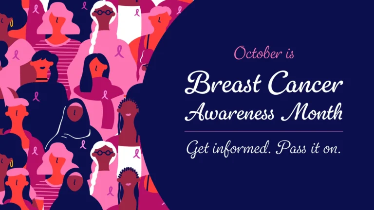 A large, navy circle covers the right side of the image. The words ‘October is Breast Cancer Awareness Month Get informed. Pass it on.’ sit in the center of the circle. ‘October is’ in pink letters, and all the rest of the words are white. Everything is written in a bold cursive font. A horizontal, pink line is below the words ‘Awareness Month’ and above the words ‘Get informed. Pass it on.’ The left side of the image is filled with an illustration of a crowd of women standing and facing forward. All the women are made out of shapes and the colors of navy, coral, white, brown, light pink, or dark pink. Many of the women are wearing a small pink awareness ribbon.