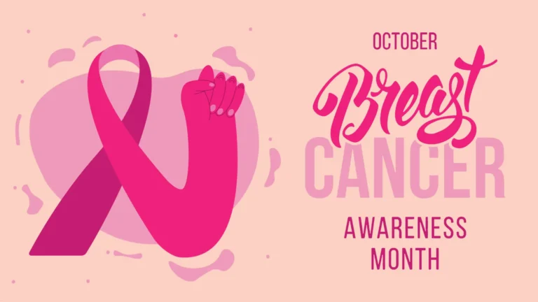 A solid peach background with an illustration of a pink commemorative, awareness ribbon turning into a flexed arm with a closed fist is on the left side of the image on top of a blob of light pink. On the right are the words, October Breast Cancer Awareness Month. The words ‘October’ and ‘Awareness Month’ are made with small, dark pink, all-caps, sans letters, ‘Breast’ is in large, bold, hot pink, cursive letters, and ‘Cancer’ is in large, bold, light pink, all-caps, sans letters. The word ‘Breast’ overlaps the top of the word ‘Cancer’.