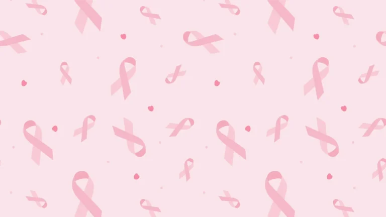 A light pink background covered in a random pattern of pink commemorative, awareness ribbons and dots