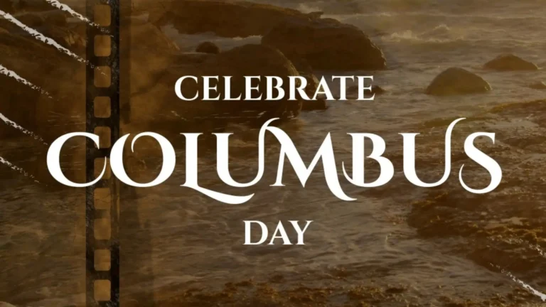 A photo of a rocky ocean shore with a filter of an old camera film overlaid on top. Five diagonal scratch lines come down from the top left corner and edge. ‘Celebrate Columbus Day’ is in the center of the image. Typed in a bold, white, serif font.