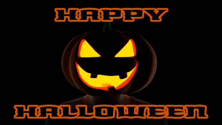 A solid black background with a silhouette of a person with a jack-o-lantern for a head appears in the center of the image. Centered, and above the silhouette, is the word ‘Happy’; below is the word ‘Halloween’. The words use a black, with an orange outline, bold, block, sharp, serif font.