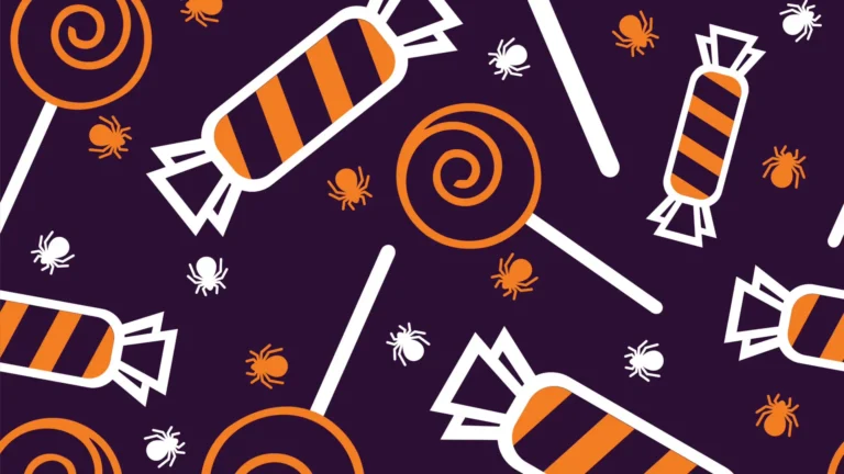 Clipart of orange striped diagonal lines outlined in white rectangular candies, and orange swirl lollipops in white sticks are scattered over a solid dark purple background. Small orange and white spiders surround the candies.