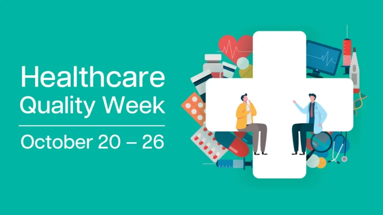 A solid teal background with the words ‘Healthcare Quality Week’ ‘October 20–26’ are on the left and an illustration to the right. The words are in a white, sans font, with a white horizontal line separating the words ‘Quality Week’ and the date. The illustration is a large white medical cross with small medical items piled behind it. On top of the cross, two people are sitting facing each other from either side. The person on the left is wearing an orange jacket and brown pants. The person on the right is wearing a blue lab coat, red tie, navy pants, and a stethoscope around their neck.