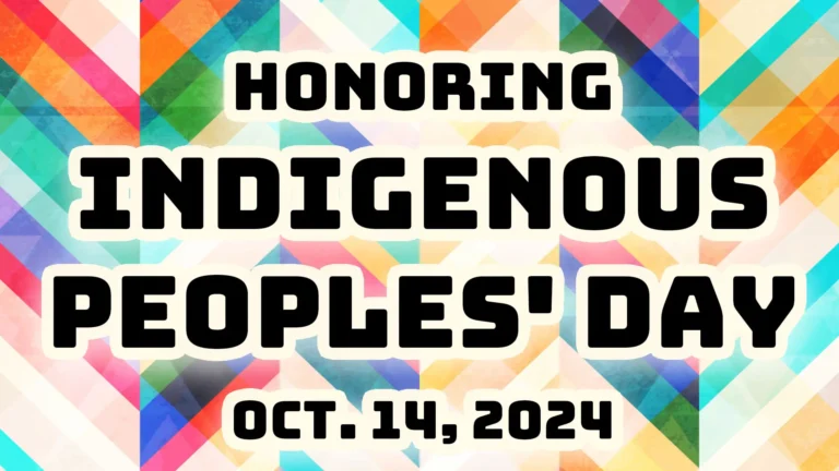 A bright, multi-colored chevron pattern fills the image. The words ‘Honoring Indigenous Peoples’ Day Oct. 14, 2024’ fill the center of the image in bold, black, all-caps, serif letters.