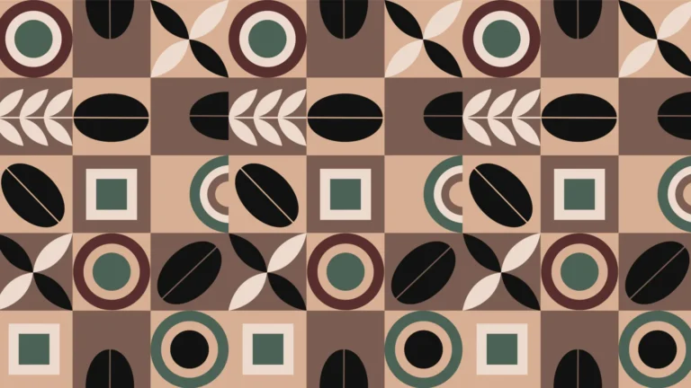 A light brown and tan check pattern fills the image. Different icons are in each square. The icons include a singular black coffee bean, white leaves, Two black and two white alternating leaf shapes in an x layout, circle targets in either, red, green or black, and lastly square targets.