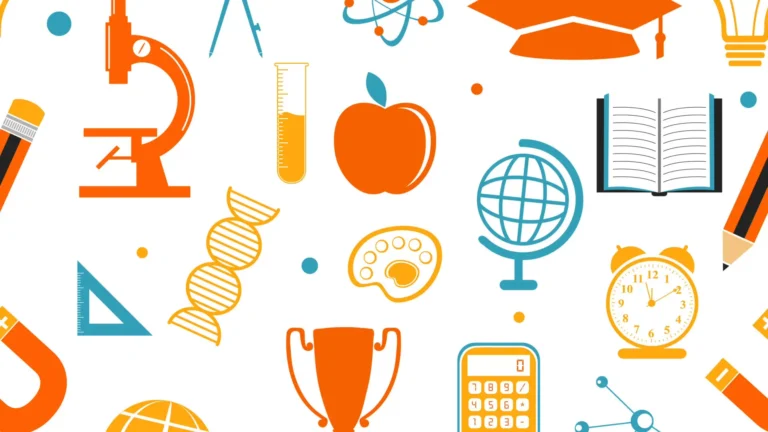 A solid white background with science and school supply icons scattered around. The icons include orange apples, pencils, graduation caps, and microscope; gold clocks, genes, calculator, test tube, and paint pallet; blue globe, books, and right triangle.