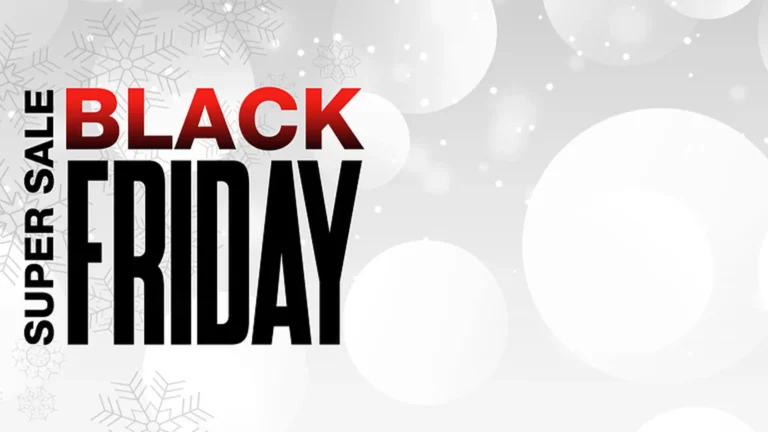 Transparent white circles float around the light gray and white gradient background. Vertical text on the left edge reads ‘SUPER SALE’. Next to are large words reading ‘BLACK FRIDAY’ stacked on top of eachother. ‘Super sale’ and ‘Friday’ are in bold black sans letters. ‘Black’ is in the same font but is filled with a red to black gradient.