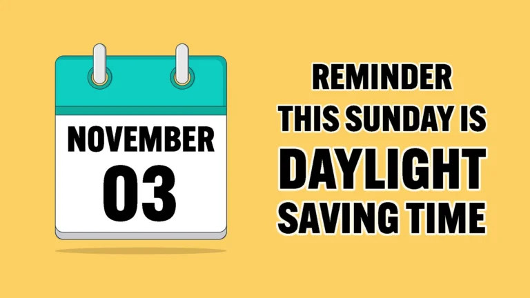 A solid yellow background with a clipart icon of a white flip day calendar floats on the left. The calendar has white pages, teal header, and two light gray rings at the top. It reads ‘November 03’ in bold, black, all-caps, sans letters. On the right says ‘Reminder this Sunday is Daylight Saving Time’ in the same bold, black font, with a thin white outline.