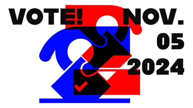 A solid white background with primary red and blue icons overlapping each other in the center of the image. Both icons are a hand dropping a piece of paper with a checkmark on them into a ballot box. At the top left is the word ‘VOTE!’. Stacked starting on the top right is the word ‘NOV.’, ‘05’, and then ‘2024’. All the words are large, bold, black, slab, sans letters.