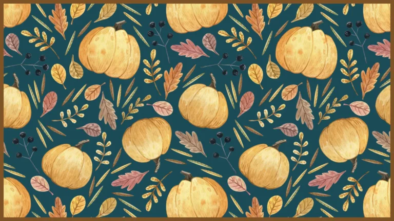 Watercolor paintings of pumpkins and fall eaves fill the image against a dark teal background. The image also has a thin brown border.